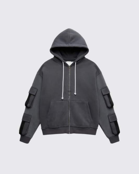 Boohooman Oversized Boxy Utillity Zip Through Brushback Hoodie