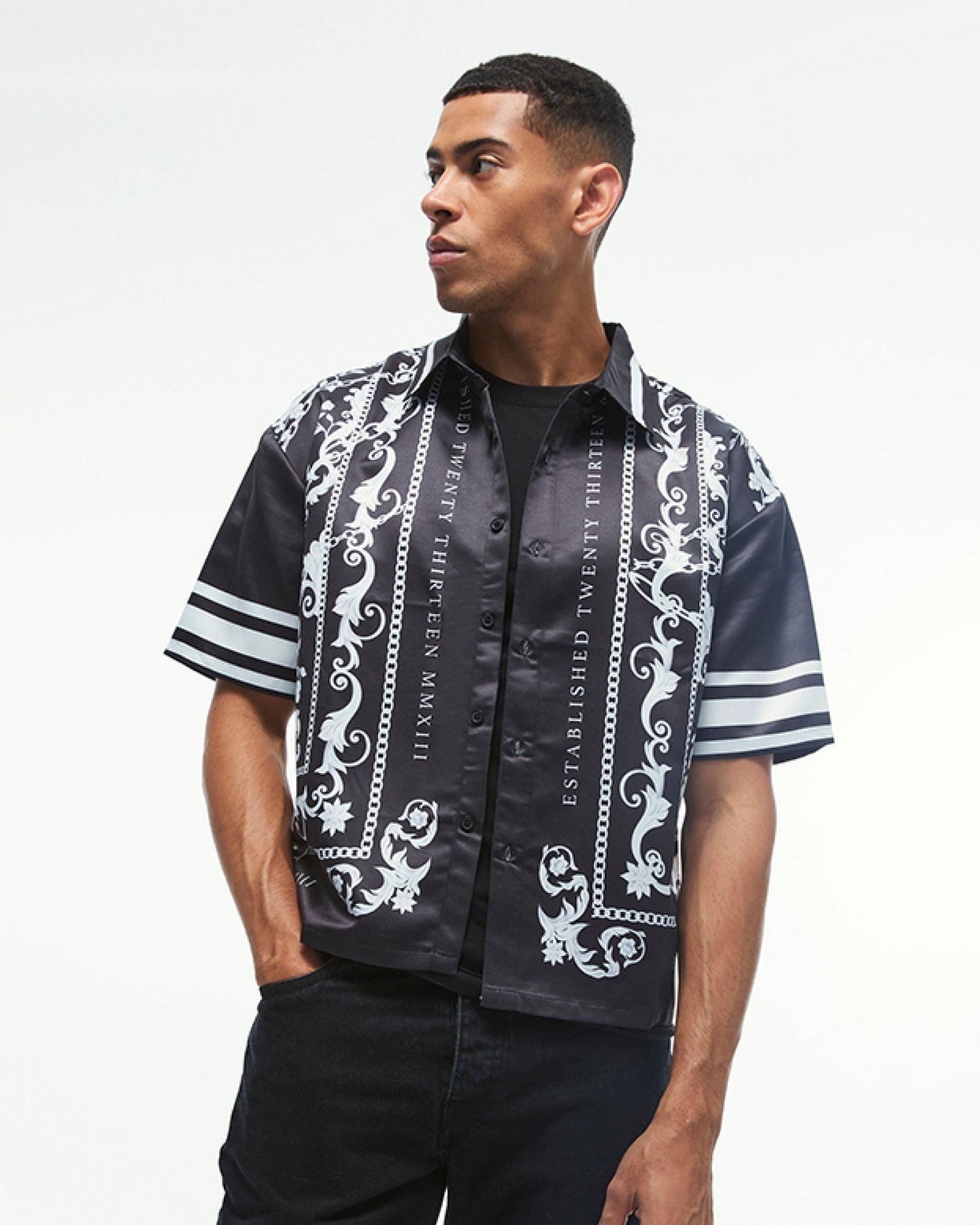Boohooman Satin Oversized Resvere Staue Border Shirt
