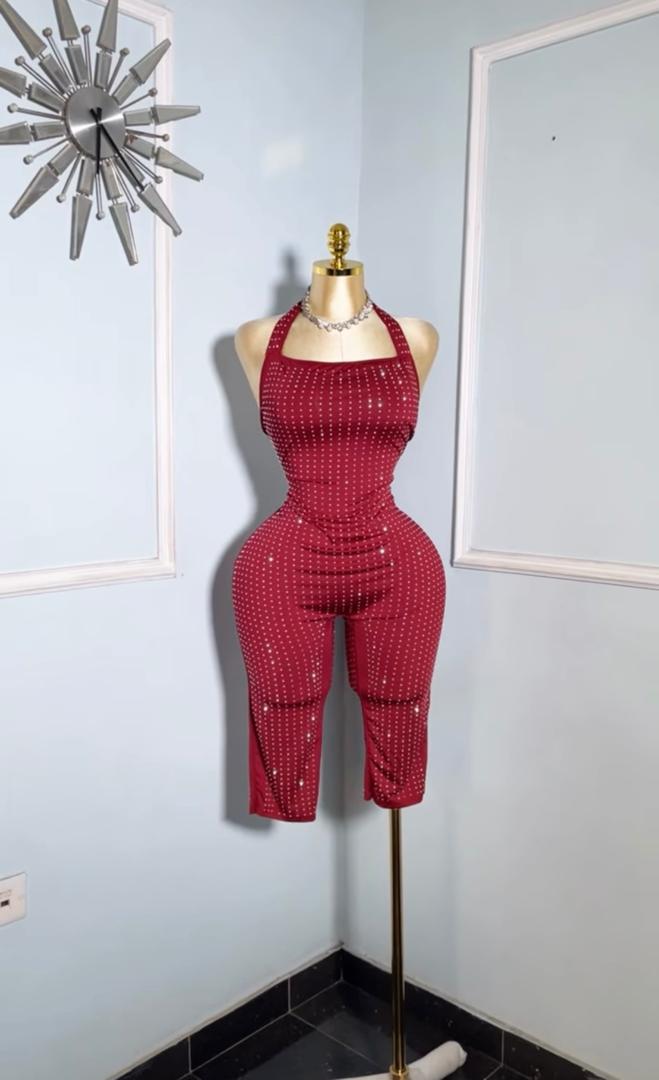 Burgundy Studed Halterneck Capri Jumpsuit