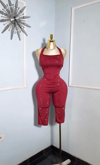 Burgundy Studed Halterneck Capri Jumpsuit