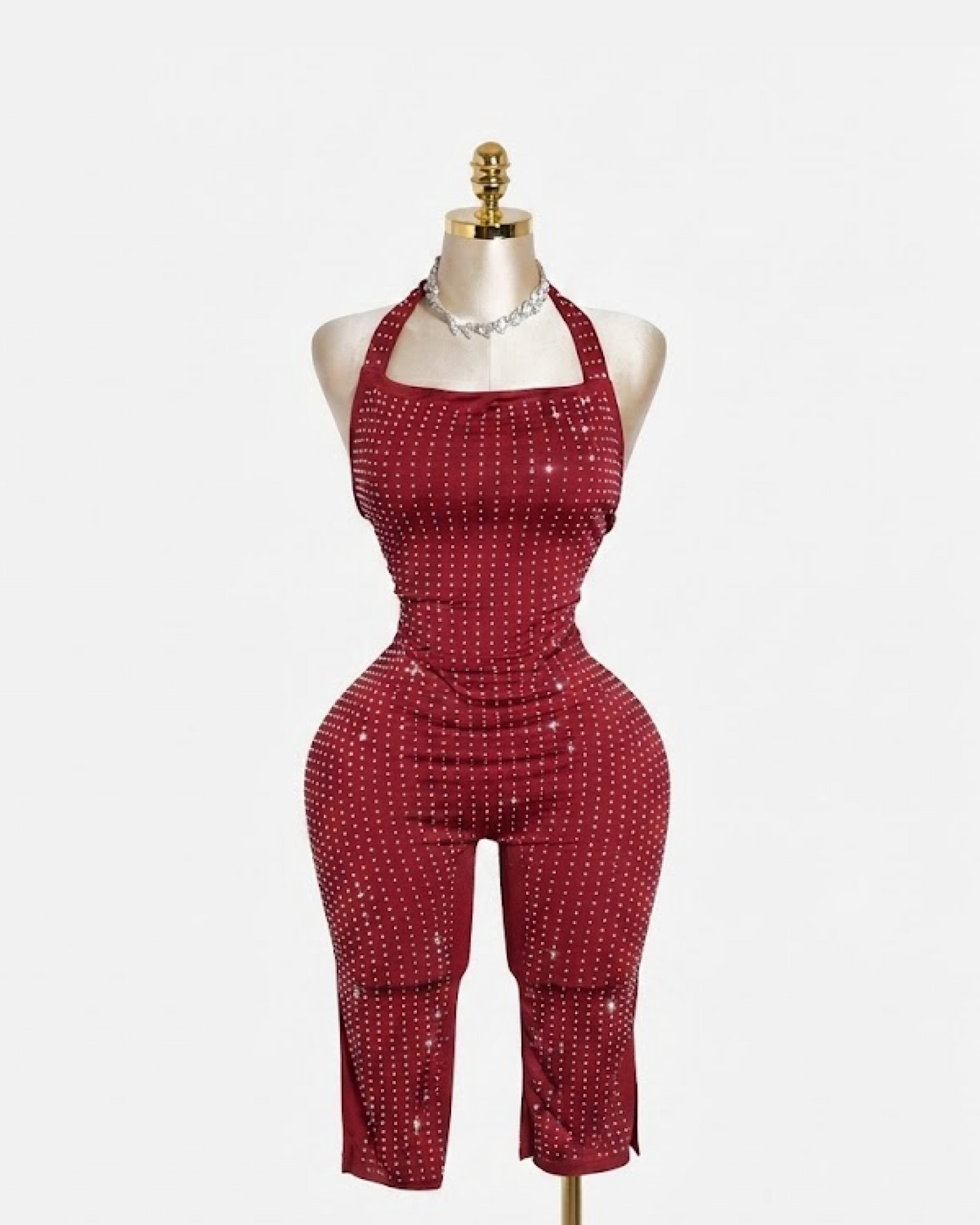 Burgundy Studed Halterneck Capri Jumpsuit