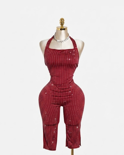 Burgundy Studed Halterneck Capri Jumpsuit
