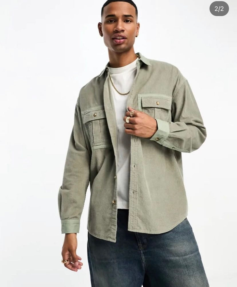 ASOS DESIGN 90S OVERSIZED CUT AND SEW CORD AND TWILL SHIRT | KHAKI