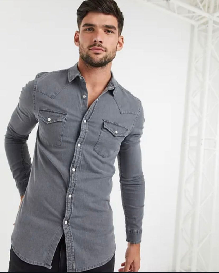 ASOS DESIGN SKINNY FIT WESTERNDENIM SHIRT IN GREY_XXXL