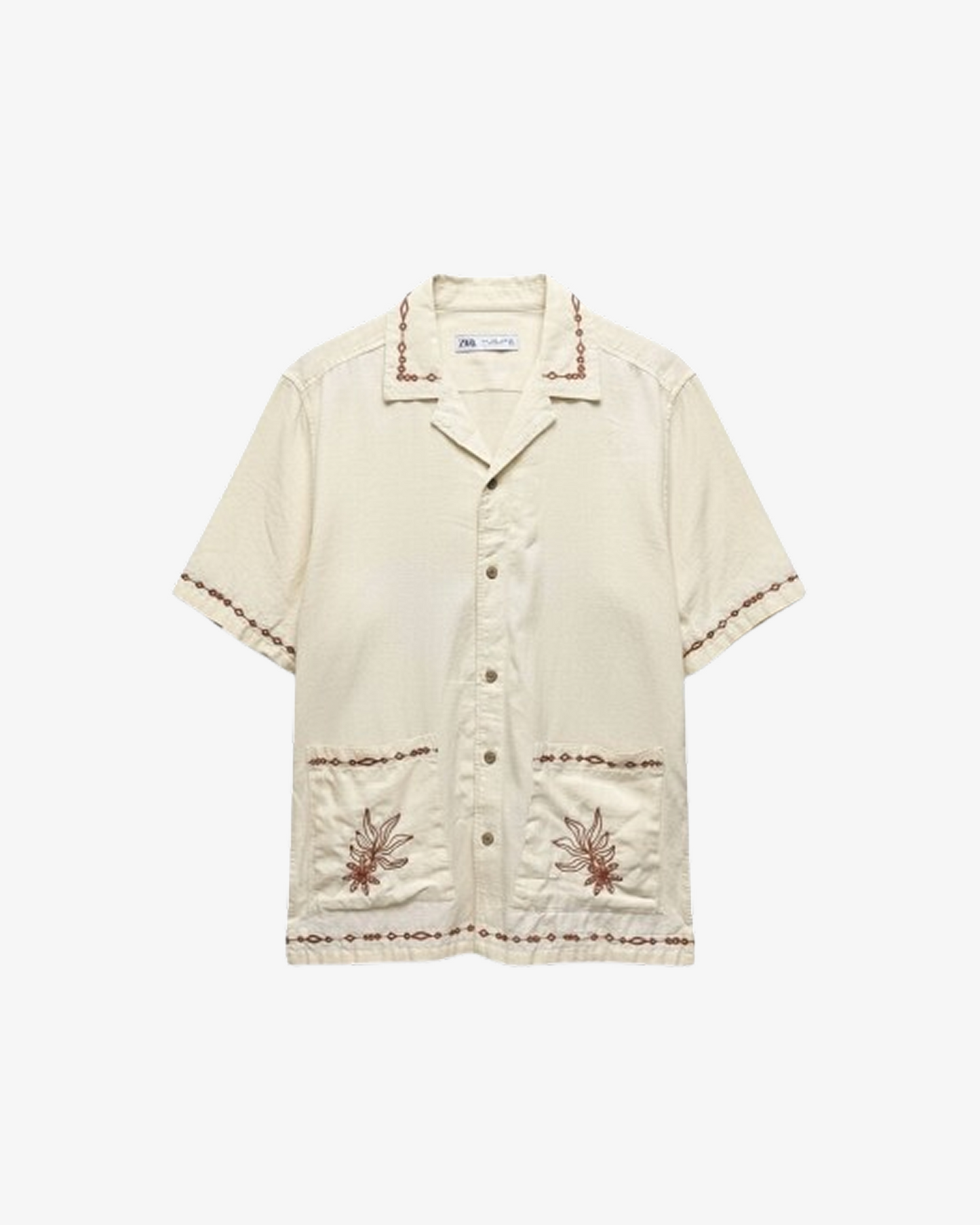 Zara Embroidered Linen-Blend Short Sleeve Shirt