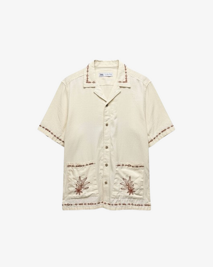 Zara Embroidered Linen-Blend Short Sleeve Shirt