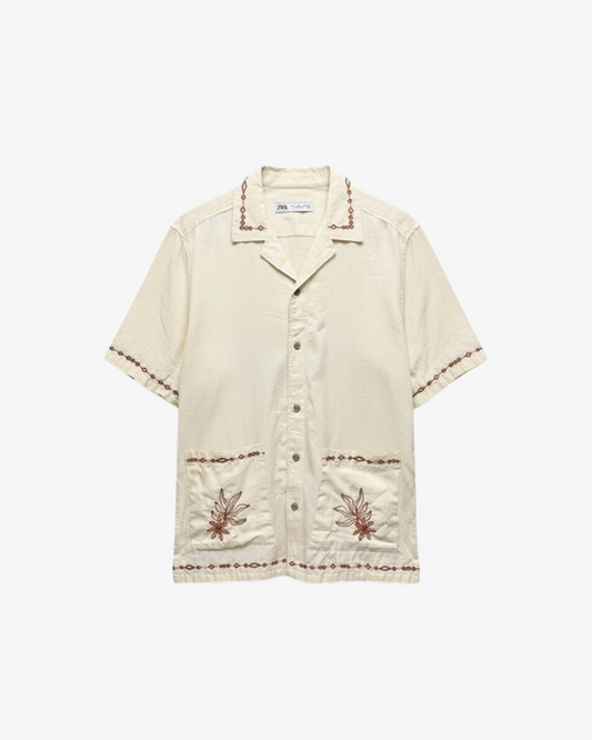 Zara Embroidered Linen-Blend Short Sleeve Shirt