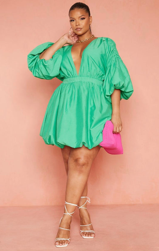 PRETTY LITTLE THING PLUS BRIGHT PUFF SLEEVE PUFFBALL HEM SHIRT DRESS IN GREEN_24