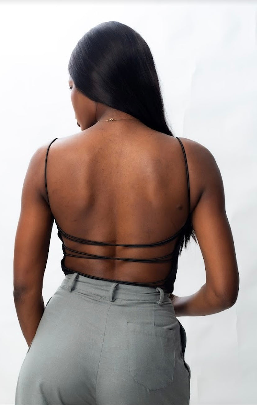 ASYOU SATIN LACE UP BACK CAMI TOP IN BLACK