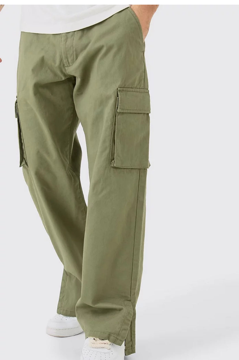 Slim flare gusset contrast stitch cargo trouser in green
