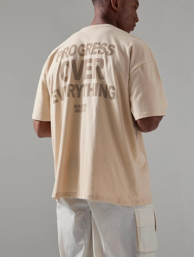 Man active progress over everything oversized t shirt in brown