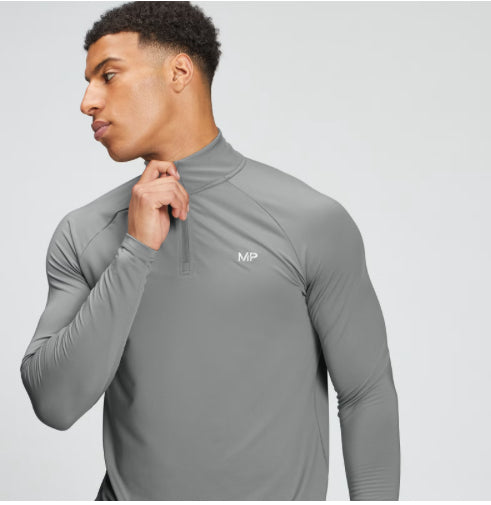 MAN ACTIVE MESH TEXTURED SLIM ZIP TOP SS T-SHIRT IN GREY