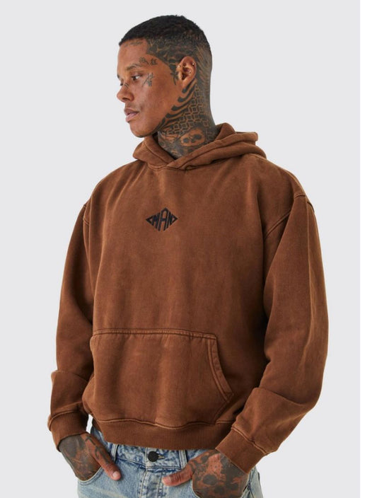 Plus man oversized boxy acid washed hoodie in brown
