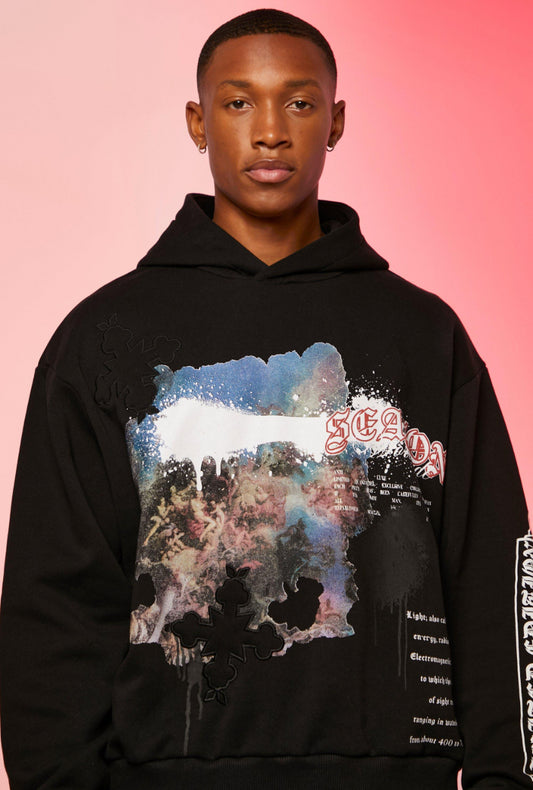 Boxy renai ssance puff print hoodie in black