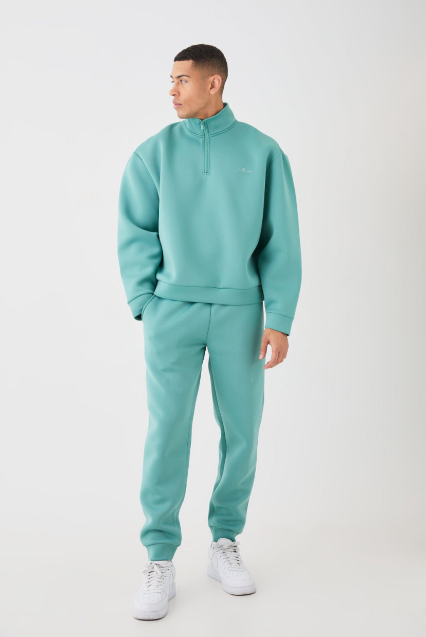 Man oversized boxy quarter zip bonded scuba tracksuit set in green