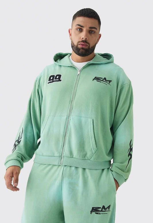 Oversized zip thru heavy washed applique hoodie in green