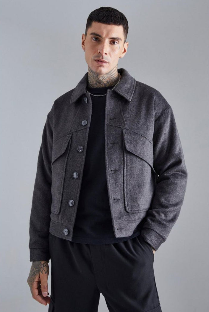 Tall padded brushed melton harrington jacket in grey