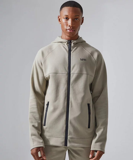 Man active tech funnel neck zip thru in khaki