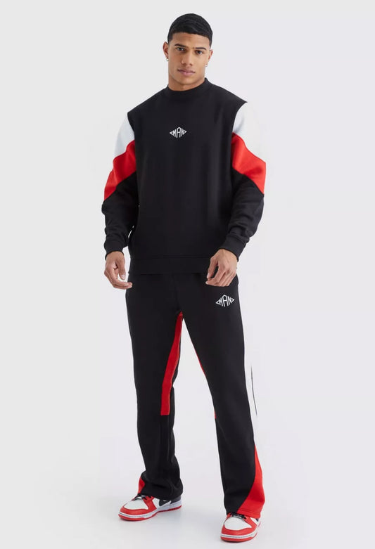 Plus man colour block sweater gusset tracksuit set in black