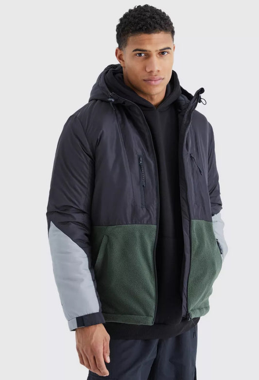 Relaxed colour block polar fleece jacket in black