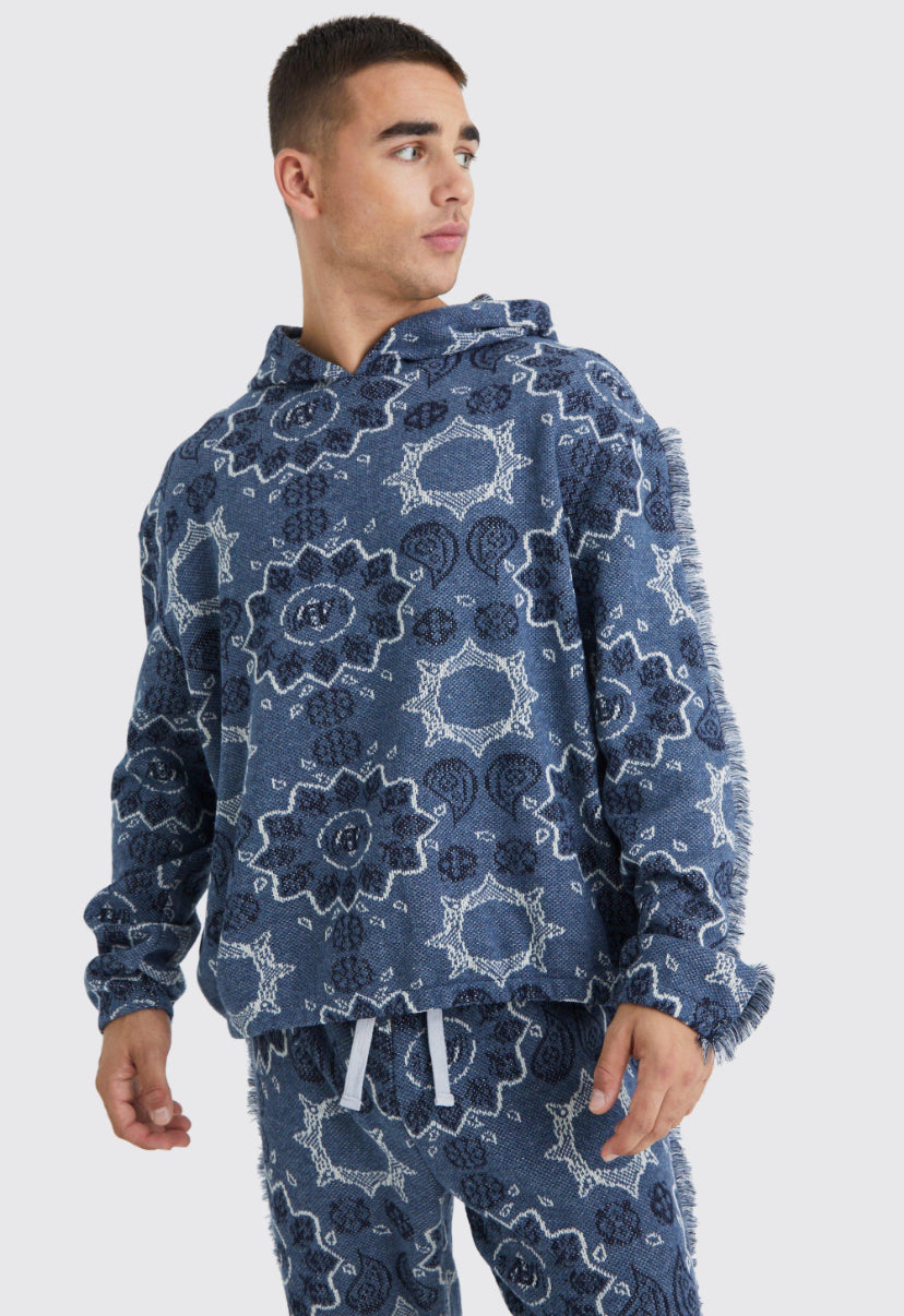 Tall oversized fringed heavyweight jacquare hoodie in blue