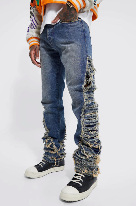 Skinny exrame distressed flare jeans in blue