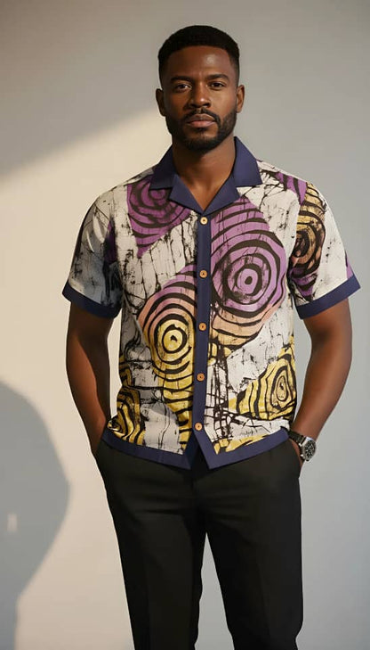 Cuban Adire shirt (with asooke lapel) - Red-Purple