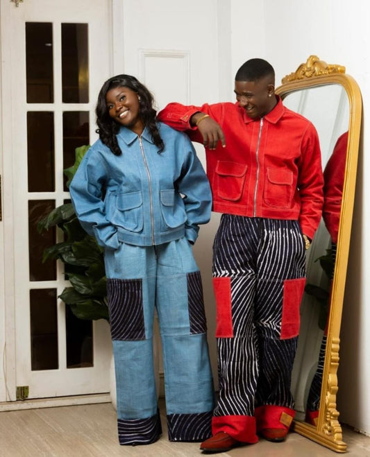 Adire & Red Denim Jacket set