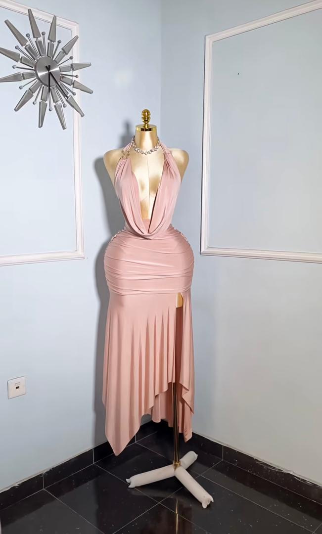 Nude Slinky Halterneck Cowl Neck Dress