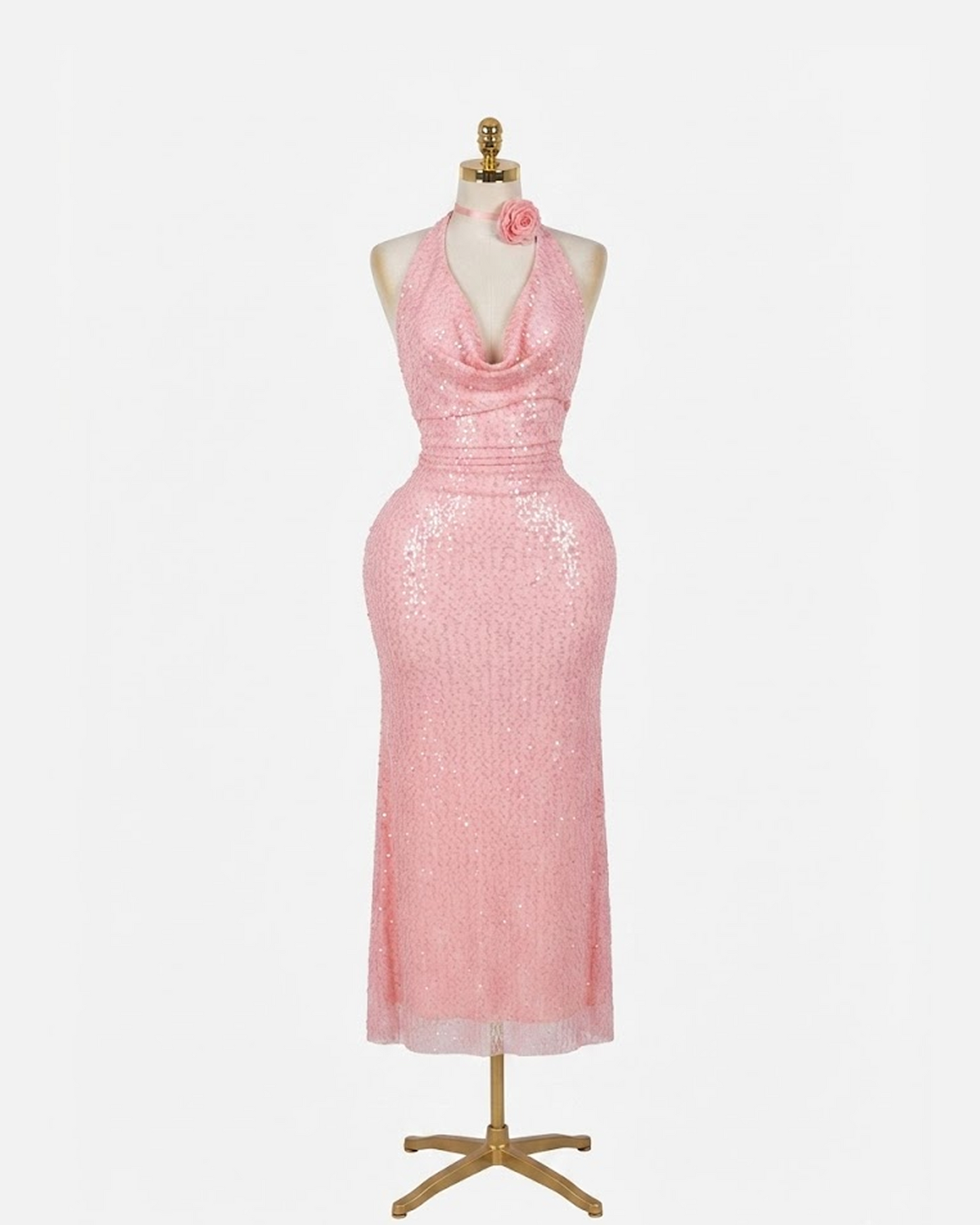 Pink Sequin Halter Neck Maxi Dress