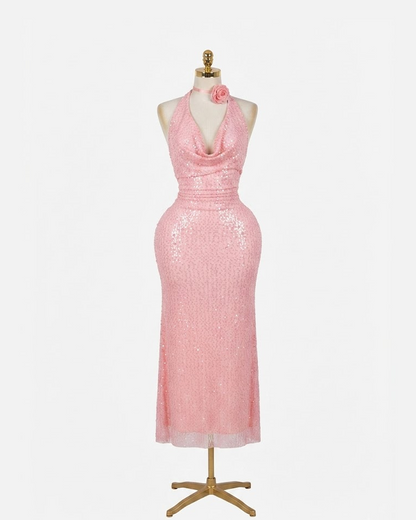 Pink Sequin Halter Neck Maxi Dress