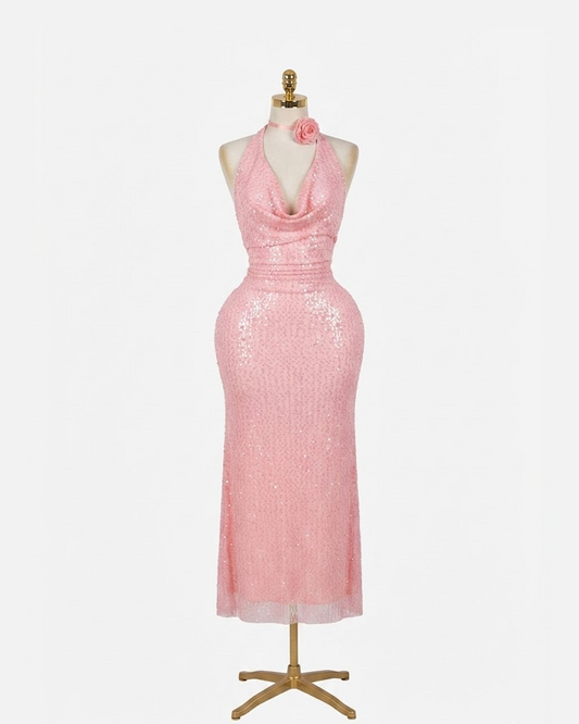 Pink Sequin Halter Neck Maxi Dress