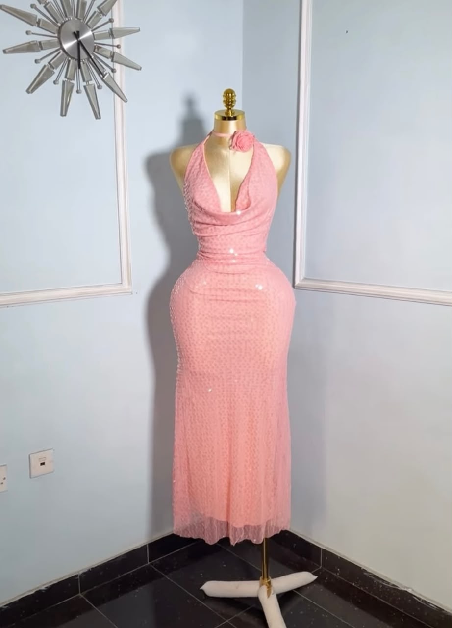 Pink Sequin Halter Neck Maxi Dress