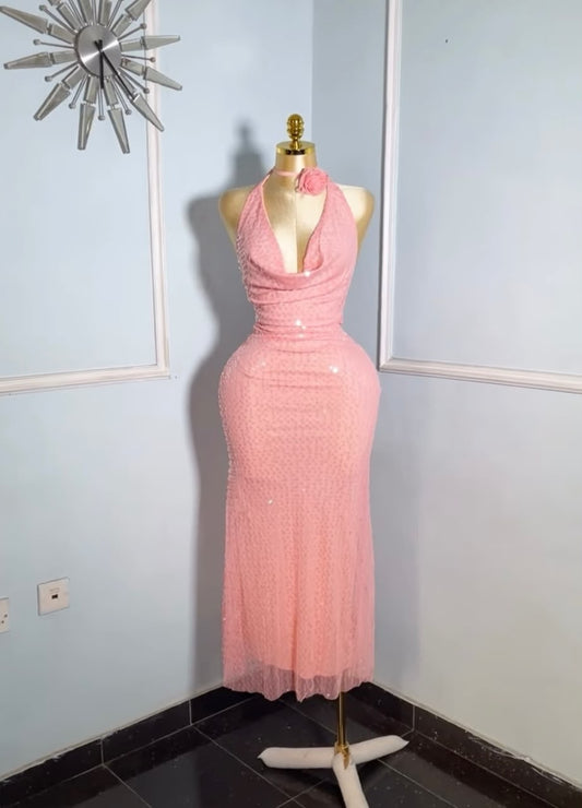 Pink Sequin Halter Neck Maxi Dress
