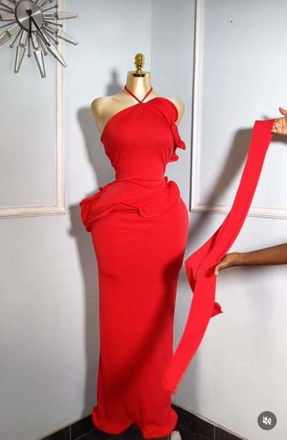 Red Bodycon Halterneck Ruffle Detail Maxi Dress with Scarf