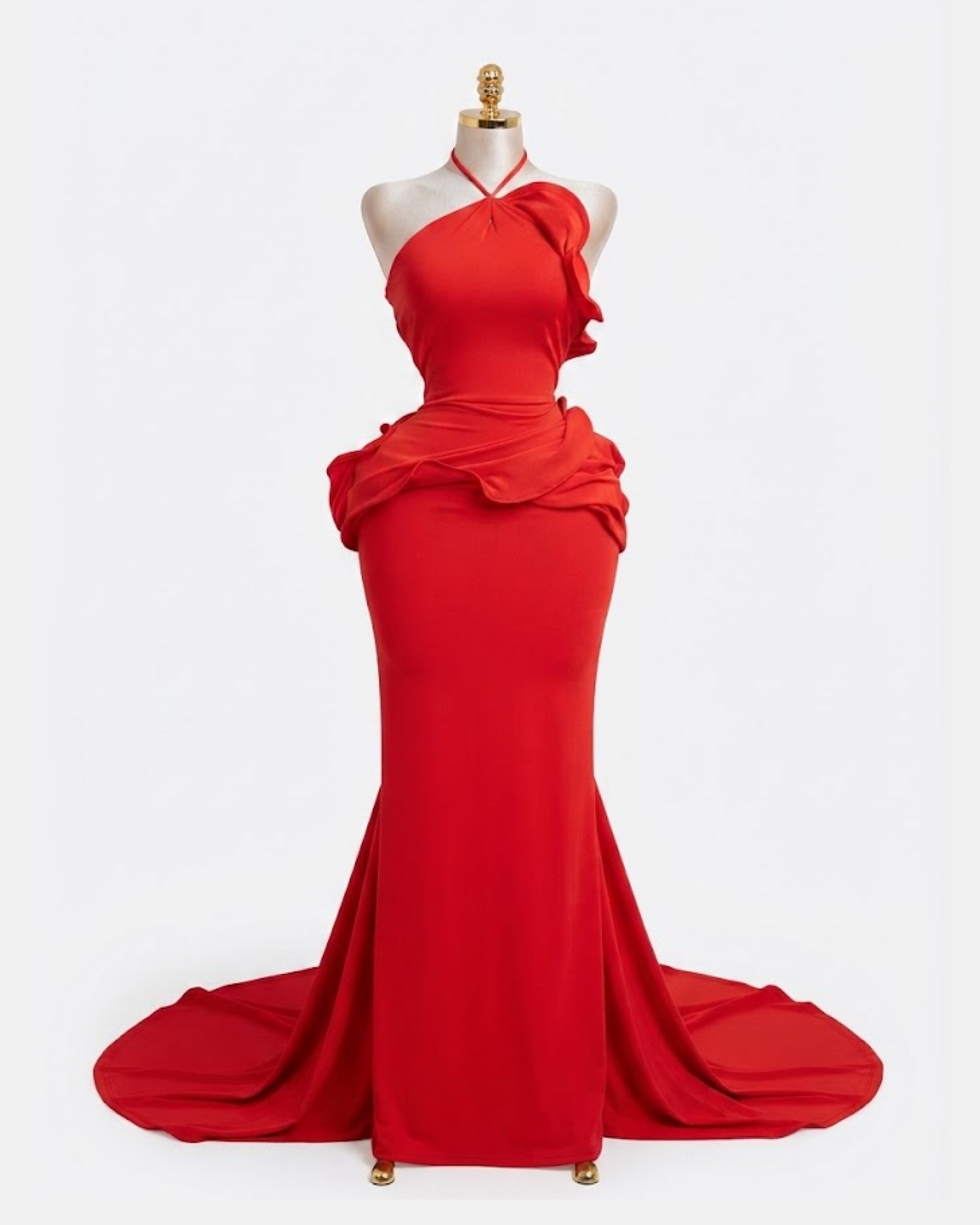 Red Bodycon Halterneck Ruffle Detail Maxi Dress with Scarf