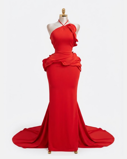 Red Bodycon Halterneck Ruffle Detail Maxi Dress with Scarf