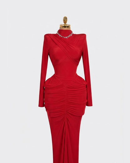 Red Long Highneck Open Back, Crisscross Bust Dress