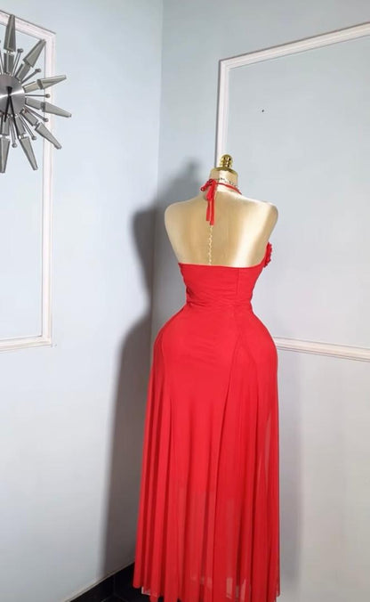 Red Mesh Long Dress With Appliqué Floral Bust