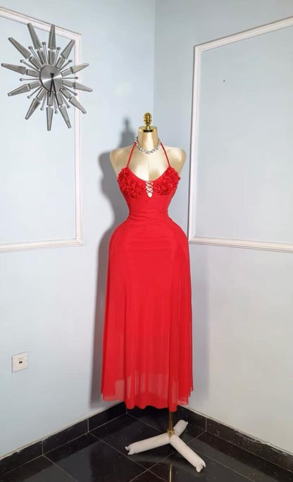 Red Mesh Long Dress With Appliqué Floral Bust