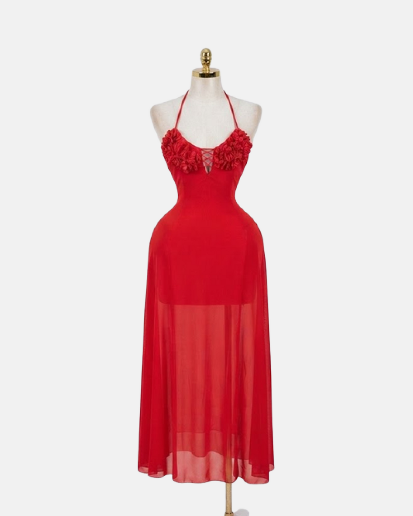 Red Mesh Long Dress With Appliqué Floral Bust