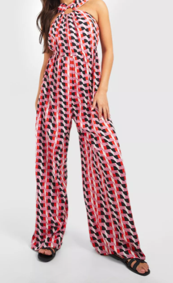 BOOHOO GEO PRINT RING DETAIL WIDE LEG JUMPSUIT IN MULTI