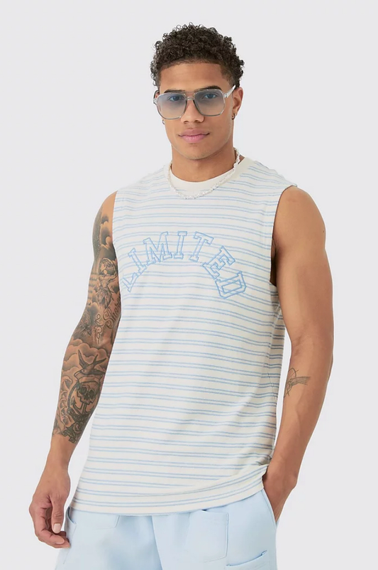 BOOHOOMAN RIBBED LIMITED STRIPED TANK TOP IN WHITE