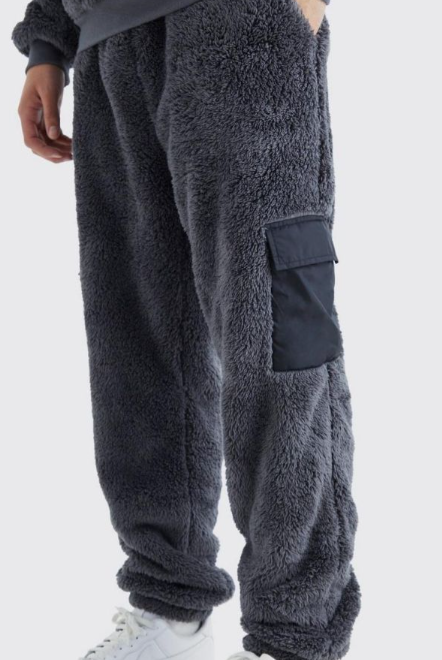 Boohooman Borg Nylon Cargo Pocket Jogger In Grey