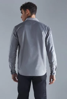 Boohooman Boxy Revere Harrington Twill Ls Overshirt In Grey