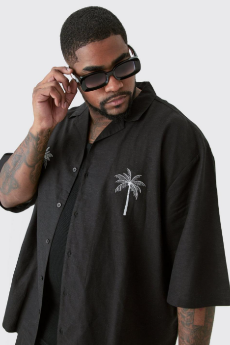 Boohooman Linen Embroidered Drop Revere Ss Shirt In Black