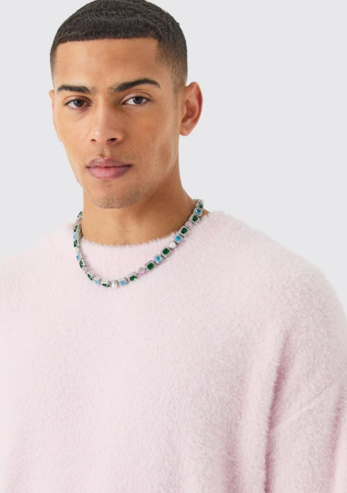 Boohooman Fluffy Boxy Jumper In Light Pink