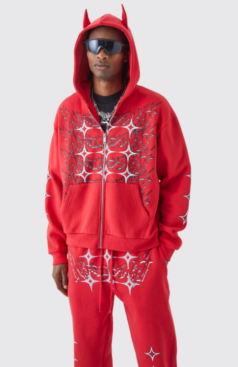 Boohooman Tall Oversized Grunge Zip Through Ear Hooded Trac Set In Red
