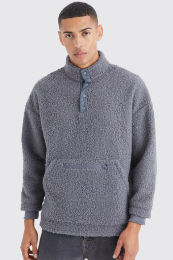 Boohooman Plus Oversized 1/4 Button Boucle Sweatshirt in Grey