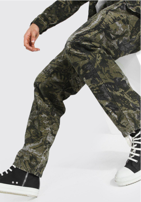 Boohooman Tall Relaxed Tie Hem Forrest Camo Cargo Trouser In Brown